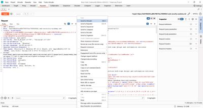 Burp Repeater request with a SUBSTRING-based payload, prepared with '§a§' markers, and a right-click context menu showing "Send to Intruder".