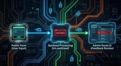 Conceptual flow diagram illustrating how un-sanitized user input from a public form travels to the backend and is eventually rendered in an internal administrative review user interface.