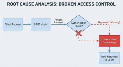 A technical flow diagram illustrating the vulnerability's root cause: a client request reaches the API endpoint, bypasses a missing authentication check, and results in unauthorized data being returned.