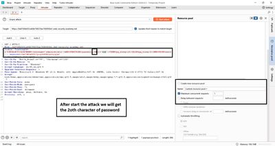 Burp Intruder results showing one row with a significantly large response time (e.g., ~10000 ms), indicating the correct character for the current position in the password.