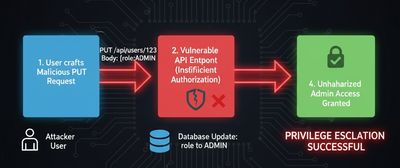 A diagram showing the technical flow of a user escalating privileges: 'User → PUT /users/id → role:ADMIN → Admin Access', using simple, clean arrows on a dark background to represent the unauthorized process.