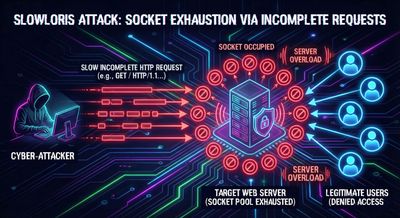 Diagram illustrating the concept of a Slowloris attack, showing numerous slow, incomplete HTTP requests occupying server sockets.
