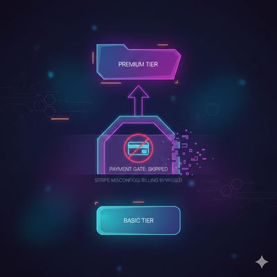 Clean flat illustration showing a subscription moving to a higher tier while the payment checkpoint is bypassed due to default behavior, representing a Stripe subscription misconfiguration in a blue palette.