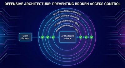 A defensive architecture diagram mapping recommended security controls, showing layers for strong authentication, strict authorization checks, rate limiting, and the use of non-sequential UUIDs.