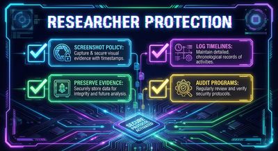 A clean infographic checklist titled 'RESEARCHER PROTECTION', listing security steps like 'Screenshot Policy', 'Log Timelines', 'Preserve Evidence', and 'Audit Programs'.