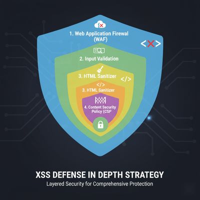 A layered defense graphic illustrating key security measures against XSS: Input validation, a sanitizer, Content Security Policy (CSP), and a Web Application Firewall (WAF), depicted as stacking shields in a minimalist flat style with brand-neutral colors.