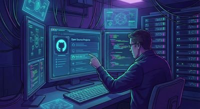 Cyberpunk illustration of a security researcher with a glowing laptop in a server room, pointing at a screen showing an open-source project on GitHub, with code snippets and network diagrams in neon colors.