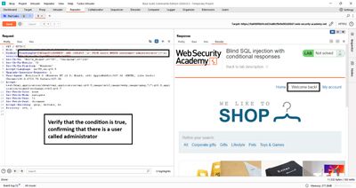 Burp Repeater screenshot showing a TrackingId cookie payload containing ' AND (SELECT 'a' FROM users)='a' with the response indicating "Welcome back", confirming the existence of the users table.