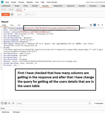 Request demonstrating UNION SELECT username,password FROM users.
