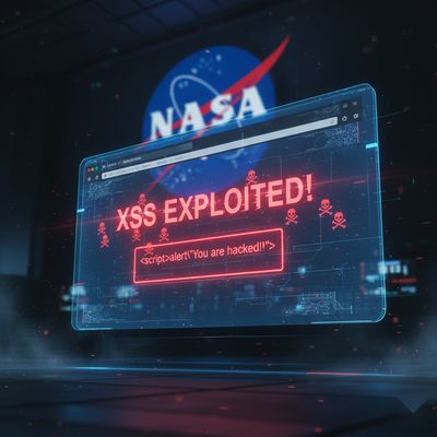 Conceptual illustration of a browser window exploited by an XSS payload with red warning icons and a blurred NASA logo in the background.
