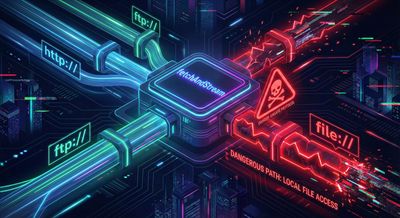 An infographic illustration of a backend helper function labeled "fetchAndStream" that accepts various protocols, with the "file://" protocol path highlighted in red as dangerous.