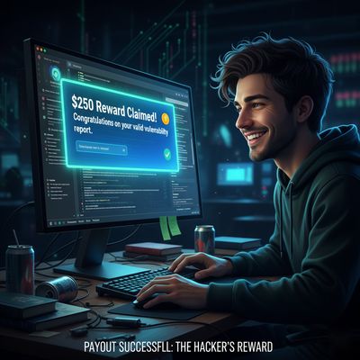 Illustration of a bug hunter smiling at a computer screen displaying a popup message that reads "$250 Reward", symbolizing the successful payout for a reported vulnerability.