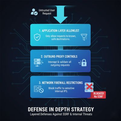 A layered diagram representing defense-in-depth, showing application-layer allowlist, outbound proxy controls, and firewall restrictions working together in a modern flat design with a blue gradient.