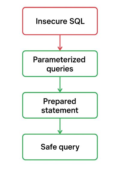 A secure coding flowchart illustrating the transition from insecure SQL to safe queries, showing the path through parameterized queries and prepared statements to prevent SQL injection.