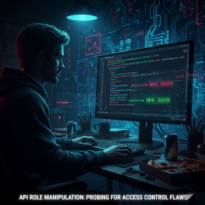 A glowing Python code screen in a dark environment, depicting a researcher actively testing role manipulations against an API.
