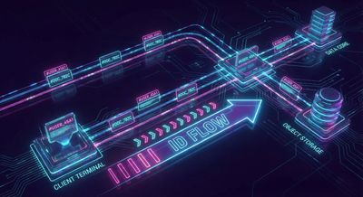 A diagram illustrating a web application architecture with specific object references and IDs highlighted as they flow through various API requests.