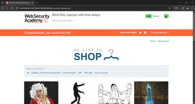 Lab solved banner after timed SQL injection proof.