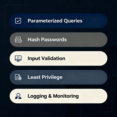 A clean infographic checklist illustrating five defensive steps to prevent SQL injection in authentication: Parameterized Queries, Hash Passwords, Input Validation, Least Privilege, and Logging & Monitoring, using flat icons.