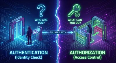 Simple conceptual diagram contrasting authentication (identity check) vs authorization (access control), minimalistic educational style.