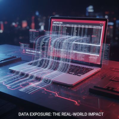 A visual of a CSV file with sensitive HR data spilling from a laptop, symbolizing the significant impact of data exposure due to a vulnerability.