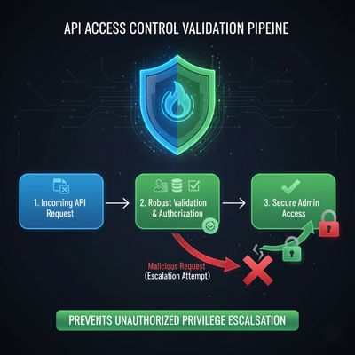 An infographic combining a firewall and a shield, representing a robust API access control validation pipeline designed to prevent unauthorized privilege escalation.