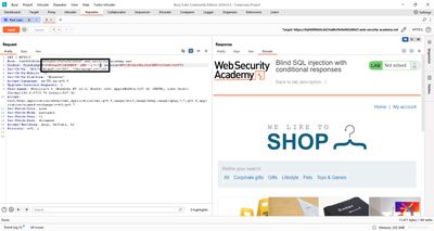 Captured front-page request in Burp Suite showing the TrackingId cookie.