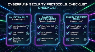 Checklist graphic showing validation rules, fallback confirmations, and secure workflow design principles in a clean vector style.
