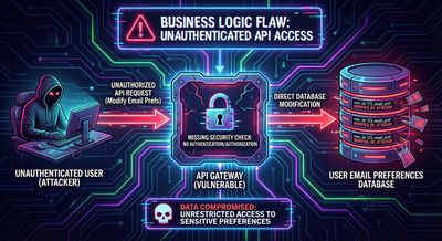 A flow diagram illustrating the business logic flaw, showing an unauthenticated user directly accessing the API to modify the user email preferences database due to missing security checks.