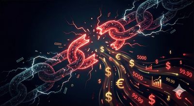 An abstract, dark-themed professional illustration depicting sensitive financial records and data points leaking out through a broken link in a digital authorization chain.