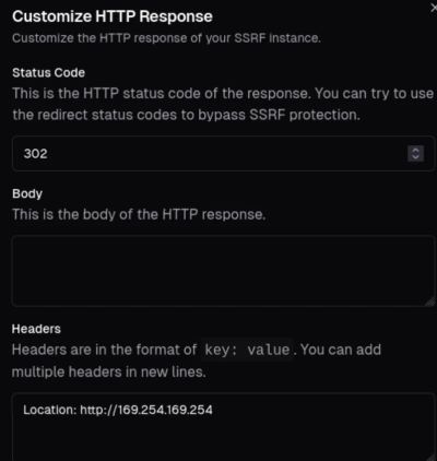 Screenshot showing the configuration of a server to issue a 302 redirect to the internal metadata service IP.