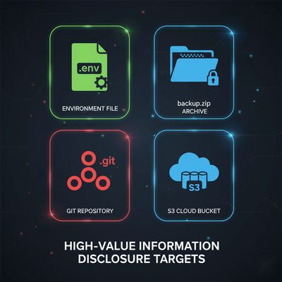 A collection of modern icons representing high-value information disclosure targets: a .env file, a backup.zip archive, a .git directory, and an S3 cloud storage bucket, each clearly labeled.
