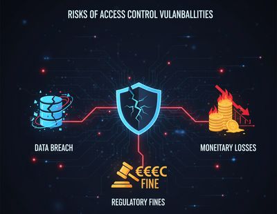 Illustration depicting various compliance and financial risks, such as data breaches, regulatory fines, and monetary losses, resulting from an access control vulnerability.