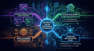 Complex flow of advanced cache poisoning techniques including header permutation, diff testing, mass scanning, cloud/CDN quirks.