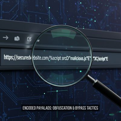High-detail close-up illustration of a browser URL bar containing an encoded XSS payload (%253Cscript%253E...), with a subtle magnifying glass hovering over the query string, in a modern, dark UI theme with cinematic lighting.