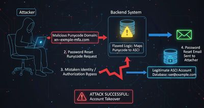 A diagram illustrating the Punycode attack flow: an attacker controls a Punycode domain, sends a password reset request, and the backend mistakenly maps it to a legitimate ASCII account.