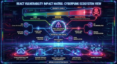 An impact diagram illustrating the severity levels, potential risk areas, and the broad ecosystem reach of the vulnerability in React applications.
