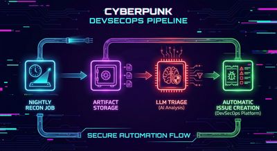 CI/CD pipeline illustration showing a nightly recon job leading to artifact storage, LLM triage, and automatic issue creation in a modern DevSecOps aesthetic.