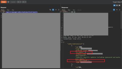 Screenshot of an API response body confirming the modified subscription state after the unauthenticated request.