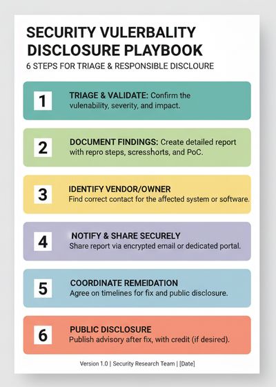 A one-page playbook card outlining steps for triage and responsible disclosure of security vulnerabilities, presented in a minimal, printer-friendly style.