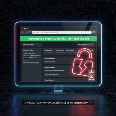 A browser interface mockup where a user successfully skips the OTP verification step and directly accesses sensitive profile settings.