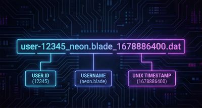 A clean technical diagram illustrating the breakdown of a predictable filename into labeled components: ID, username, and timestamp.