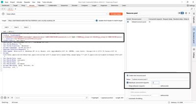 Burp Intruder settings screenshot showing the payload list (a-z, 0-9) configured and the Resource pool with concurrency set to 1, highlighted for time-based attacks.