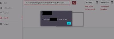 Screenshot of the browser showing the successful execution of the XSS payload, resulting in a visible alert popup.