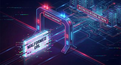 A cyberpunk illustration showing a glowing, malformed URL data packet glitching past a futuristic, neon-lit API gateway security checkpoint to access restricted internal network components.