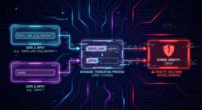 Visual representation of a login system showing two different inputs converging into a single stored identity due to database truncation behavior.