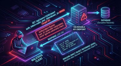 Diagram showing an API endpoint returning sensitive data due to insecure direct object reference (IDOR), with client-supplied parameters bypassing authorization, blue security theme.