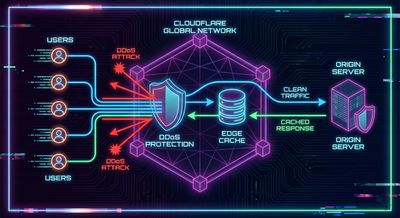 Diagram showing Cloudflare architecture, illustrating how it handles DDoS protection and caching by sitting between the user and the origin server.