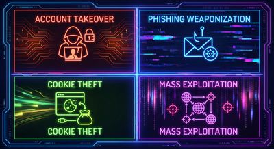 Impact matrix infographic showing four cells: Account Takeover, Cookie Theft, Phishing Weaponization, and Mass Exploitation, each with a descriptive icon.